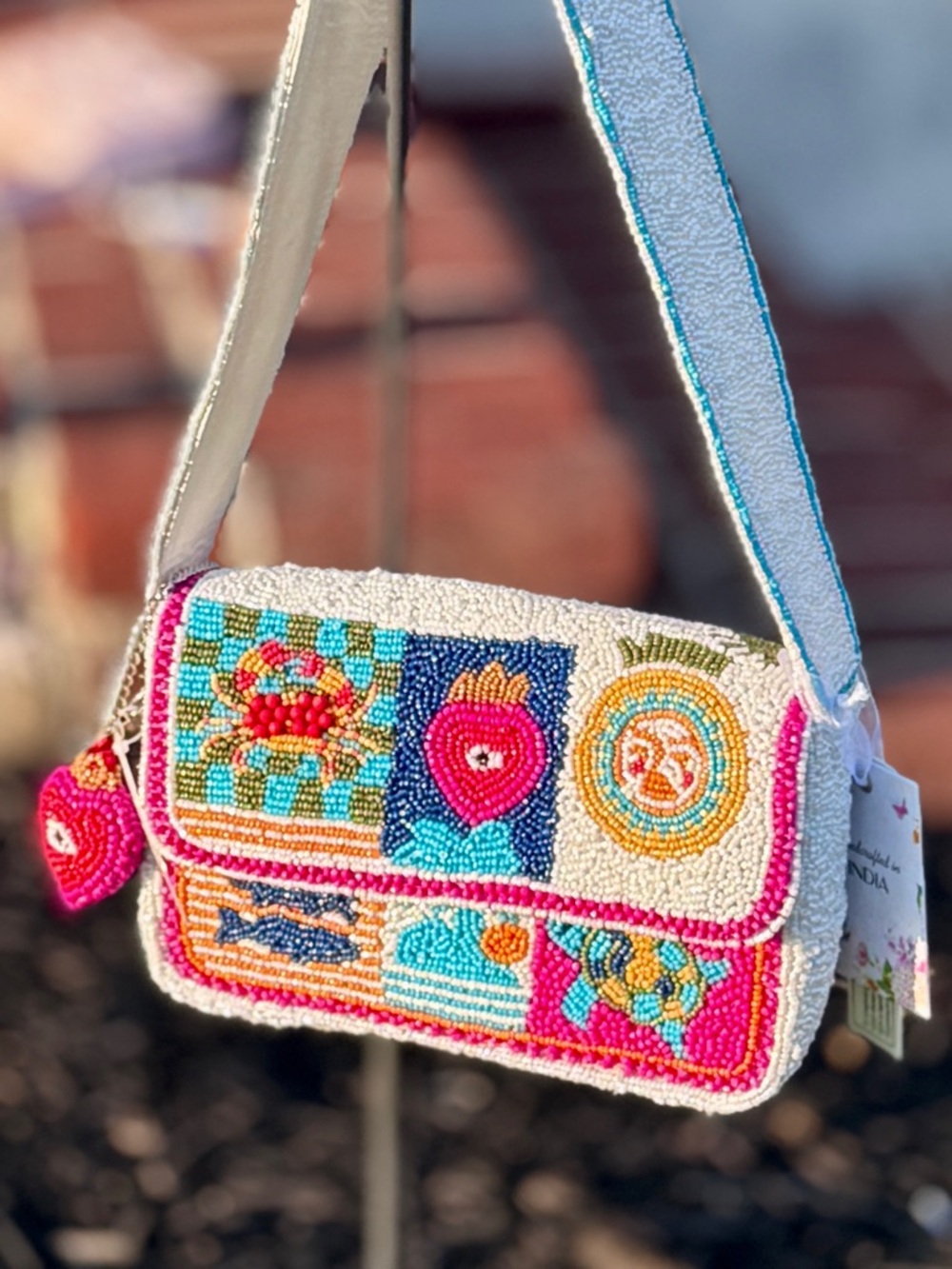 Coastal Beaded Shoulder Bag Crab Shell Beach Evil Eye Icons Matching Bag Charm - Picture 5 of 11